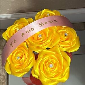 Vibrant Yellow Rose Bouquet with Pink Ribbon